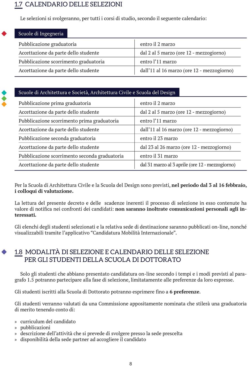 mezzogiorno) Scuole di Architettura e Società, Architettura Civile e Scuola del Design Pubblicazione prima graduatoria Accettazione da parte dello studente Pubblicazione scorrimento prima graduatoria