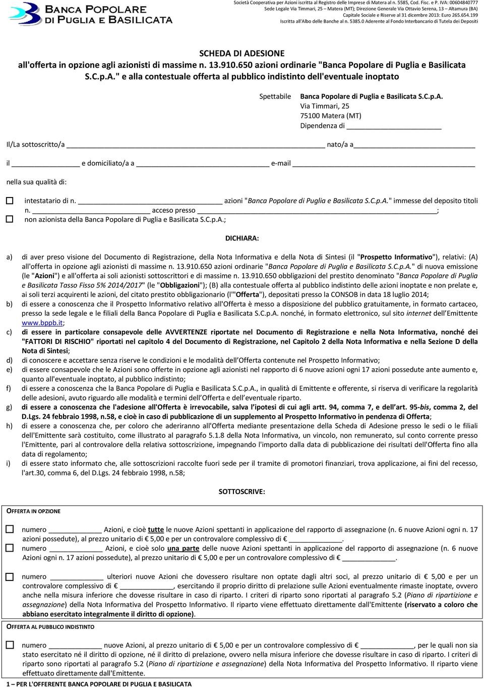 azioni "Banca Popolare di Puglia e Basilicata S.C.p.A.