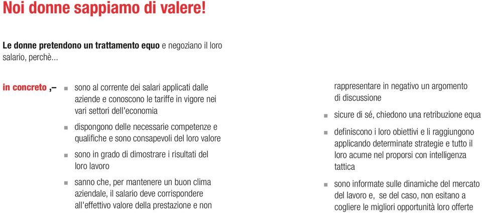 valore sono in grado di dimostrare i risultati del loro lavoro rappresentare in negativo un argomento di discussione sicure di sé, chiedono una retribuzione equa definiscono i loro obiettivi e li