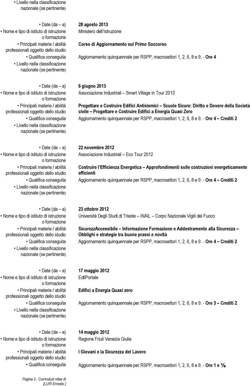 Scuole Sicure: Diritto e Dovere della Società civile Progettare e Costruire Edifici a Energia Quasi Zero Qualifica conseguita Aggiornamento quinquennale per RSPP, macrosettori 1, 2, 6, 8 e 9.