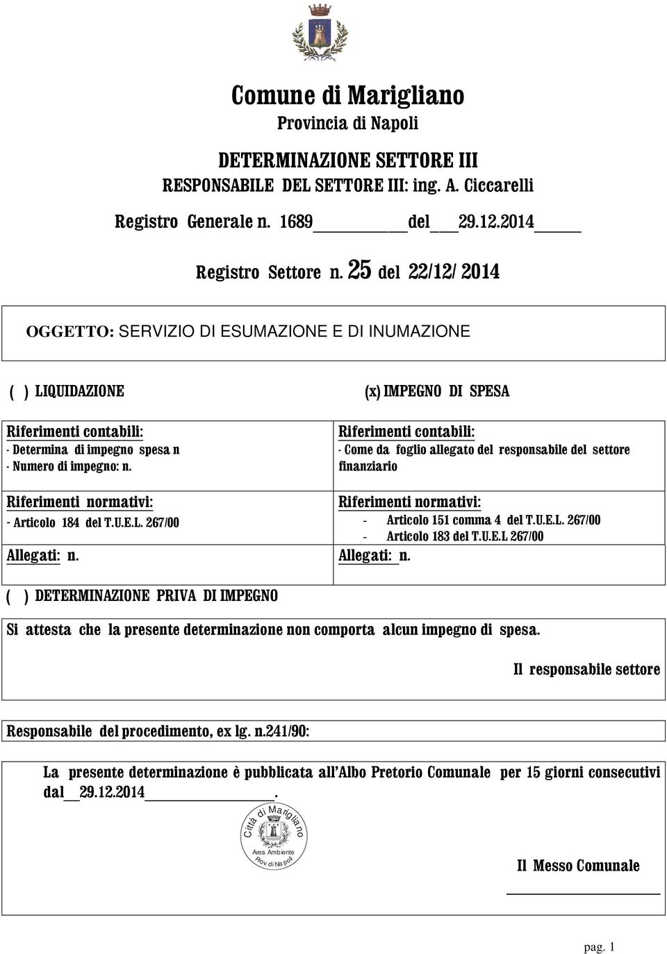 Riferimenti contabili: - Come da foglio allegato del responsabile del settore finanziario Riferimenti normativi: - Articolo 184 del T.U.E.L. 267/00 Allegati: n.