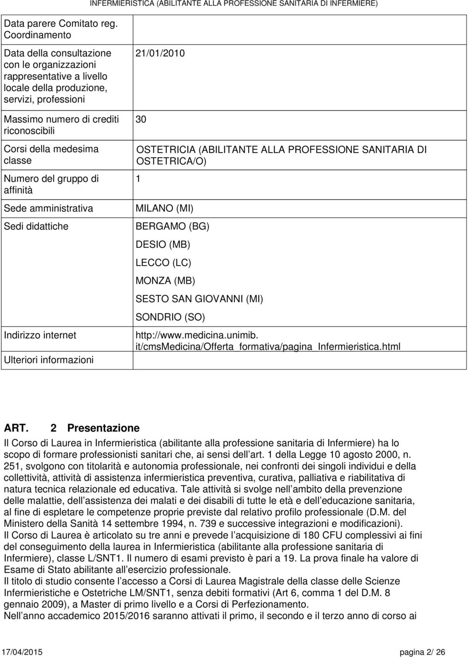 numro di crditi riconoscibili Corsi dlla mdsima class Numro dl gruppo di affinità Sd amministrativa Sdi didattich /0/00 30 OSTETRICIA (ABILITANTE ALLA PROFESSIONE SANITARIA DI OSTETRICA/O) MILANO