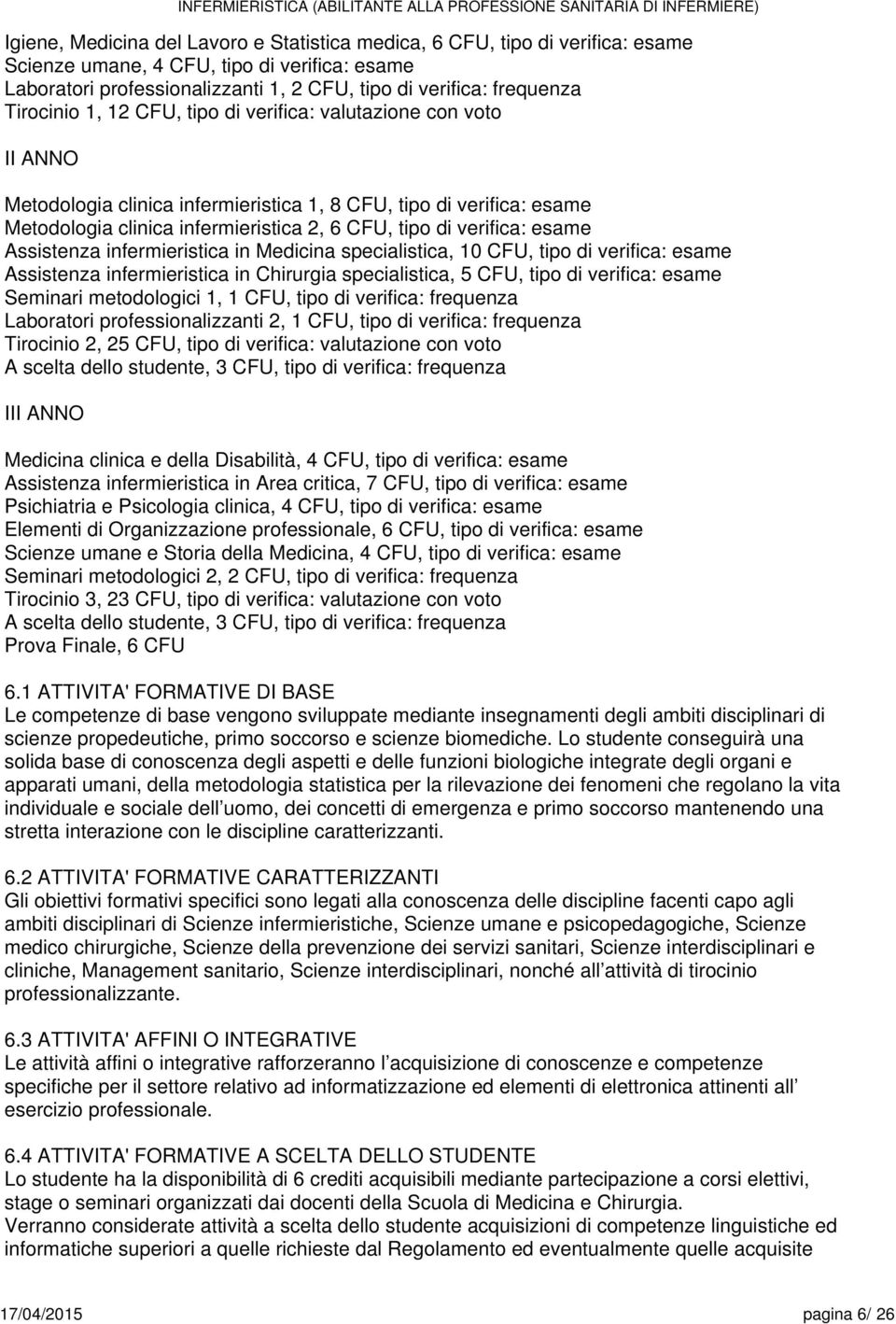 spcialistica, 0 CFU, tipo di vrifica: sam Assistnza infrmiristica in Chirurgia spcialistica, 5 CFU, tipo di vrifica: sam Sminari mtodologici, CFU, tipo di vrifica: frqunza Laboratori