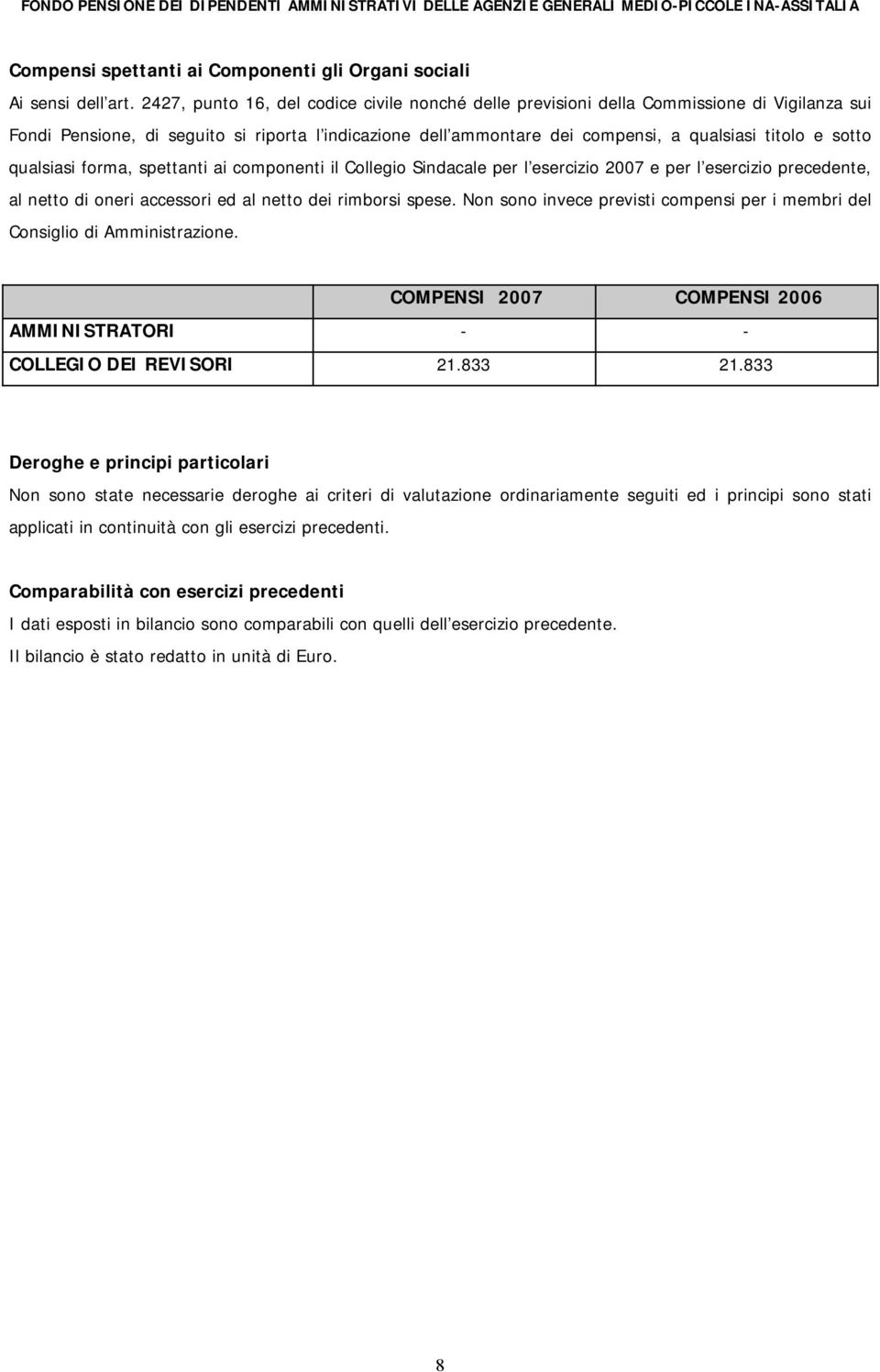 sotto qualsiasi forma, spettanti ai componenti il Collegio Sindacale per l esercizio 2007 e per l esercizio precedente, al netto di oneri accessori ed al netto dei rimborsi spese.