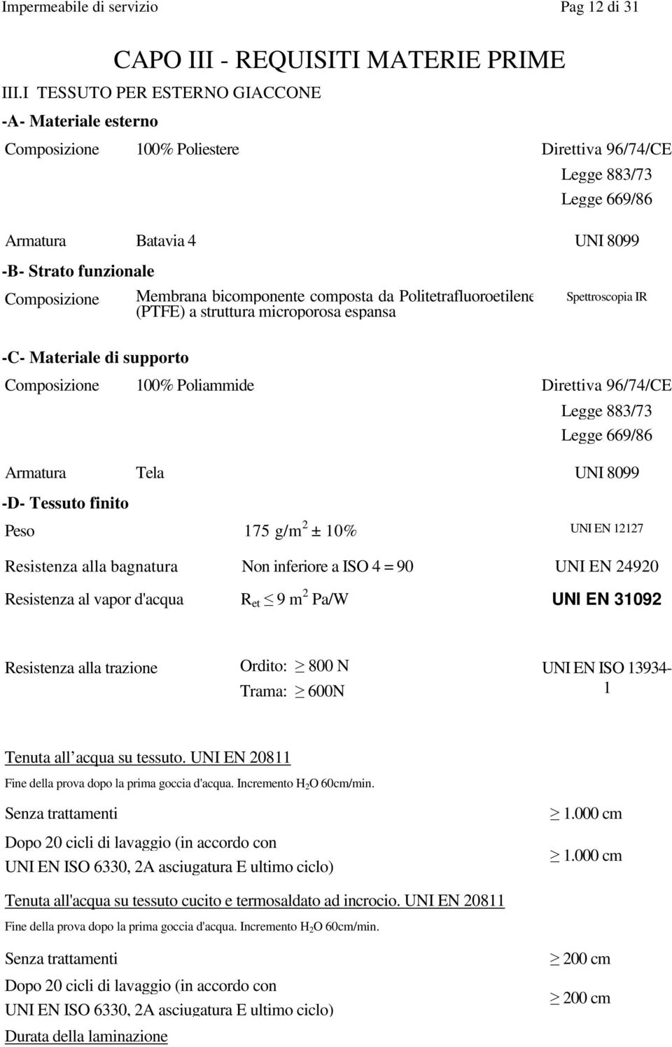 bicomponente composta da Politetrafluoroetilene (PTFE) a struttura microporosa espansa Spettroscopia IR -C- Materiale di supporto Composizione 100% Poliammide Direttiva 96/74/CE Legge 883/73 Legge