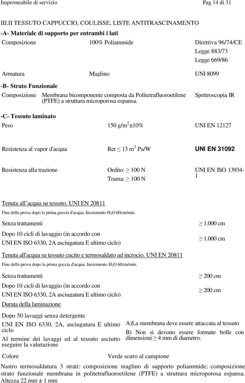 8099 -B- Strato Funzionale Composizione Membrana bicomponente composta da Politetrafluoroetilene (PTFE) a struttura microporosa espansa.