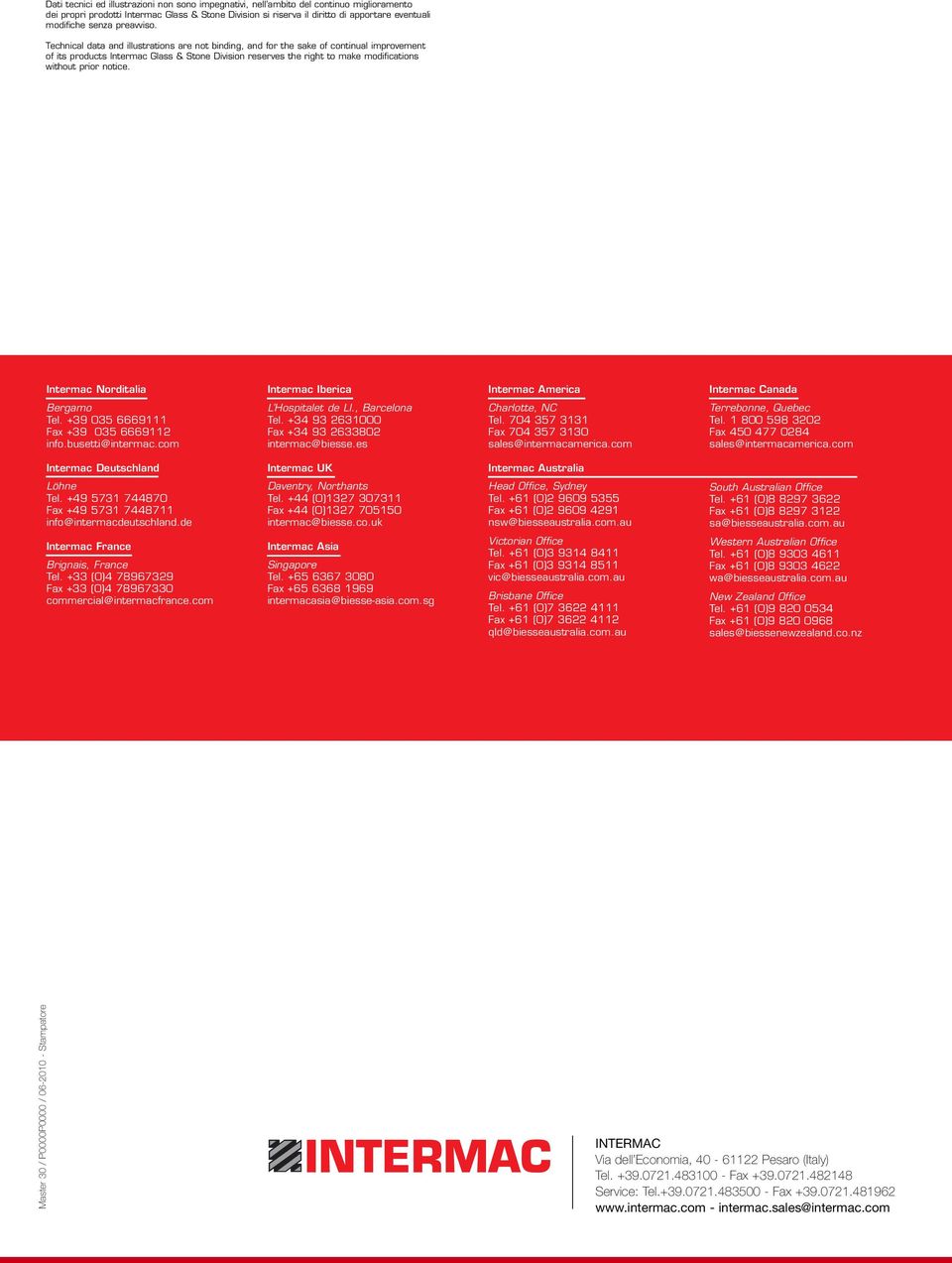 Technical data and illustrations are not binding, and for the sake of continual improvement of its products Intermac Glass & Stone Division reserves the right to make modifications without prior