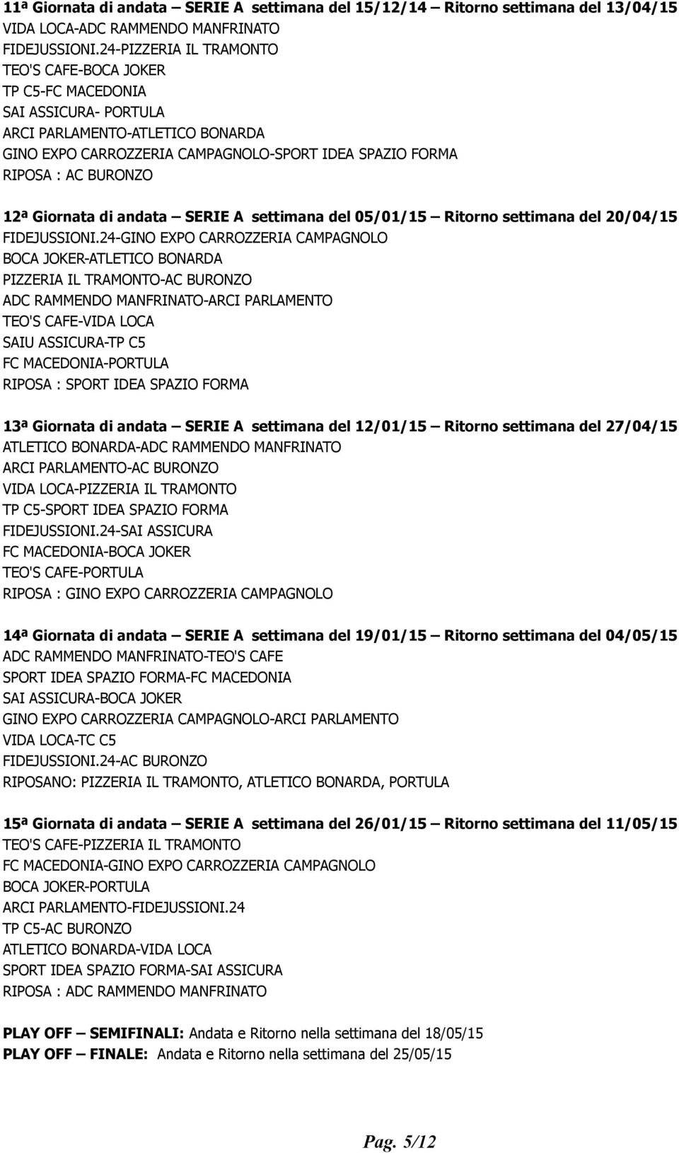 12ª Giornata di andata SERIE A settimana del 05/01/15 Ritorno settimana del 20/04/15 FIDEJUSSIONI.