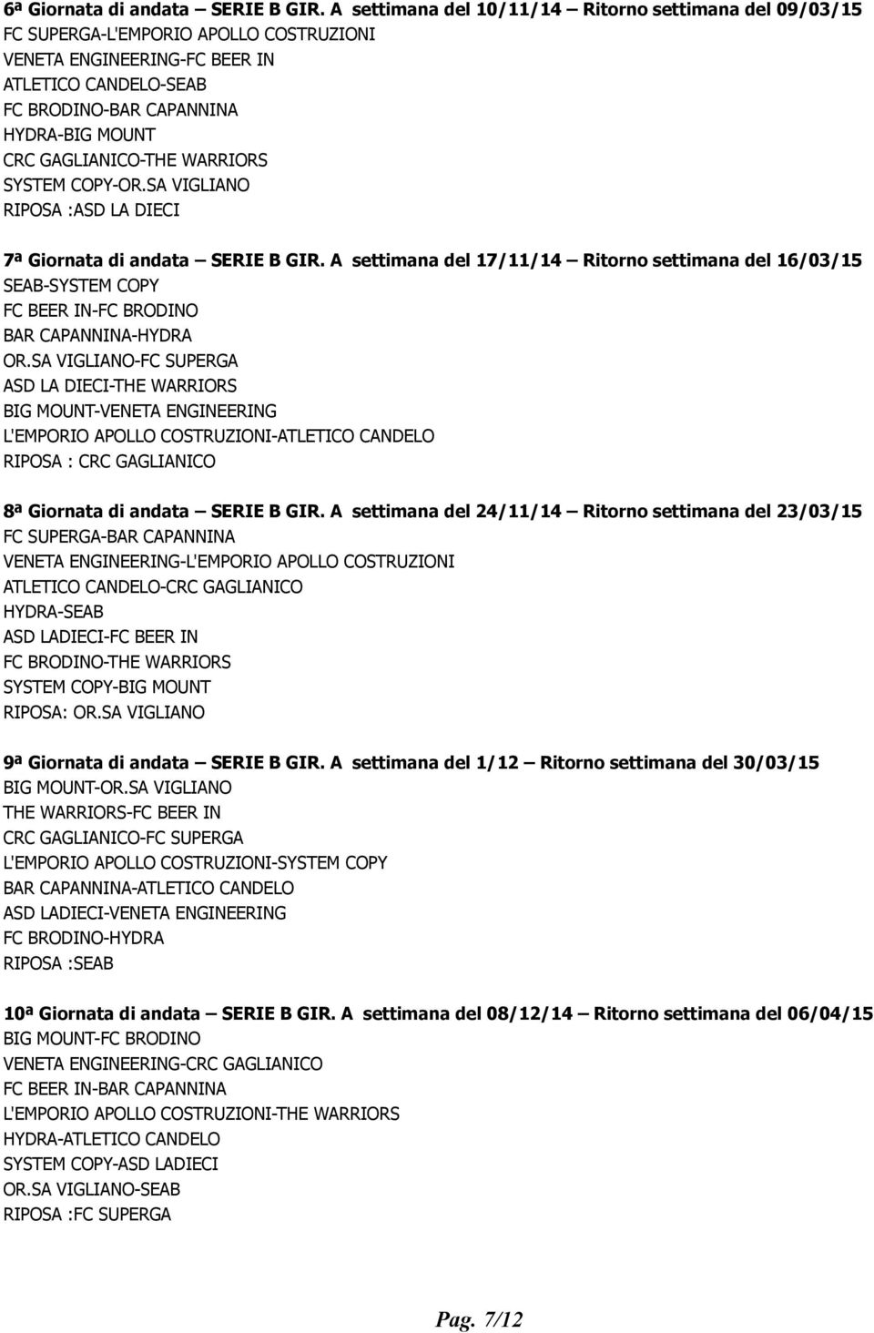 GAGLIANICO-THE WARRIORS SYSTEM COPY-OR.SA VIGLIANO RIPOSA :ASD LA DIECI 7ª Giornata di andata SERIE B GIR.