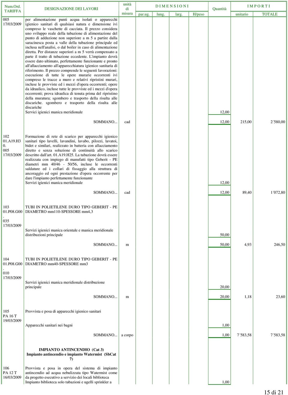 alimentazione retta Per stanze superiori a m 5 verrà compensato a parte il tratto tubazione eccedente L'impianto dovrà essere dato ultimato, perfettamente funzionante e pronto all'allacciamento