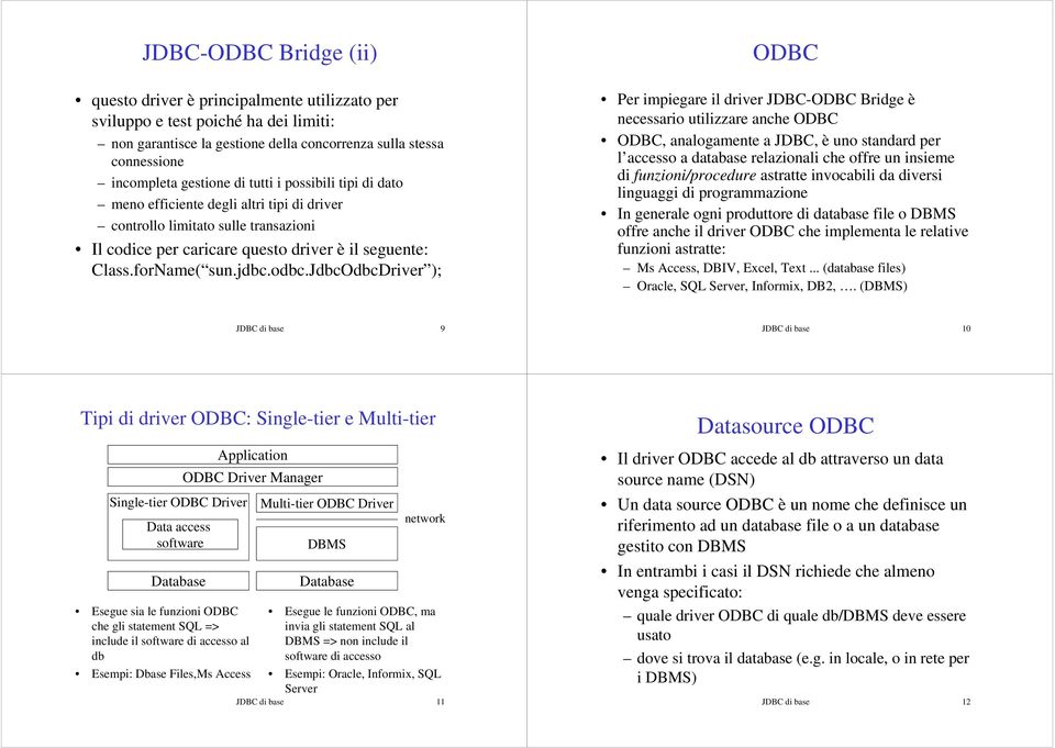 jdbcodbcdriver ); ODBC Per impiegare il driver JDBC-ODBC Bridge è necessario utilizzare anche ODBC ODBC, analogamente a JDBC, è uno standard per l accesso a database relazionali che offre un insieme