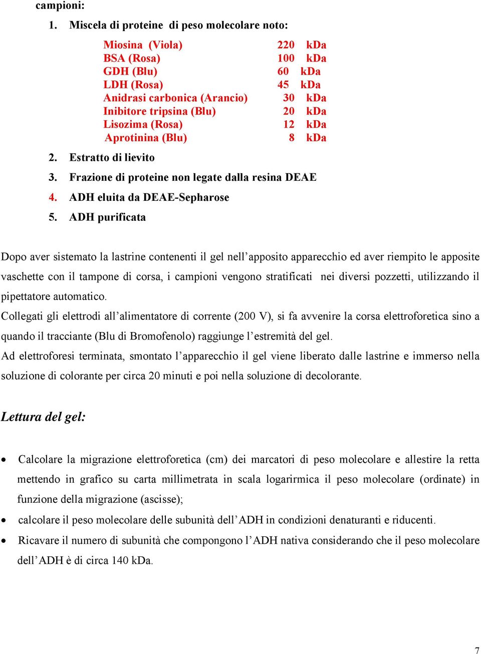 (Rosa) 12 kda Aprotinina (Blu) 8 kda 2. Estratto di lievito 3. Frazione di proteine non legate dalla resina DEAE 4. ADH eluita da DEAE-Sepharose 5.