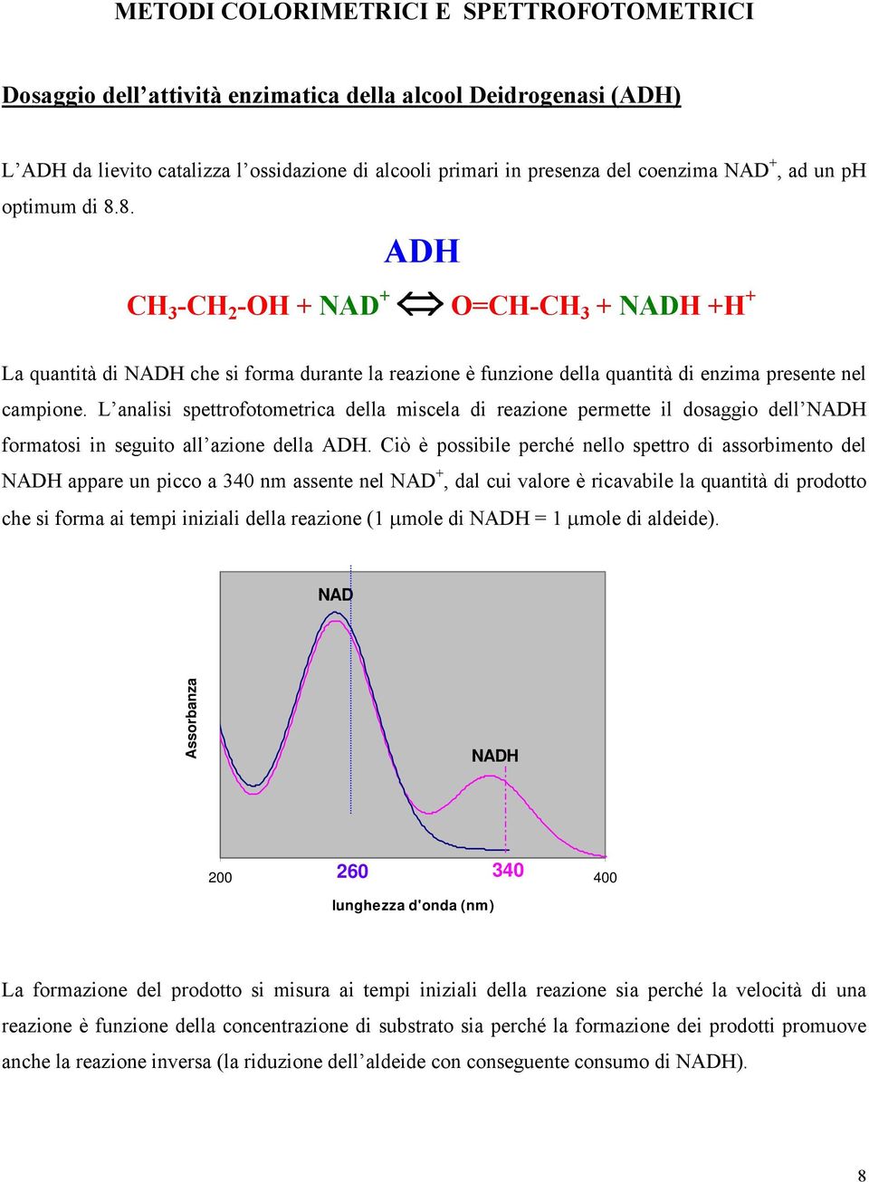 L analisi spettrofotometrica della miscela di reazione permette il dosaggio dell NADH formatosi in seguito all azione della ADH.