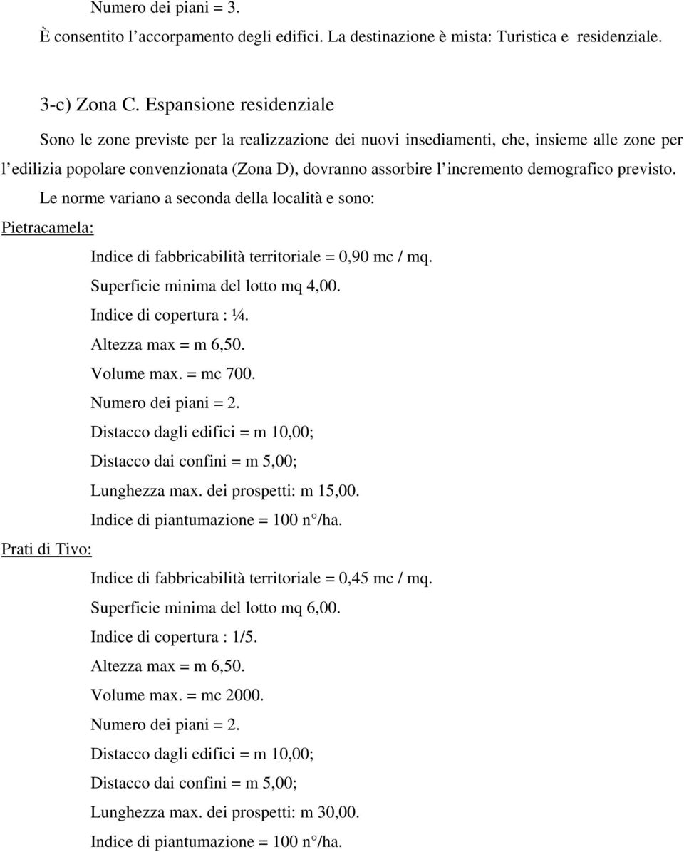 demografico previsto. Le norme variano a seconda della località e sono: Pietracamela: Indice di fabbricabilità territoriale = 0,90 mc / mq. Superficie minima del lotto mq 4,00.