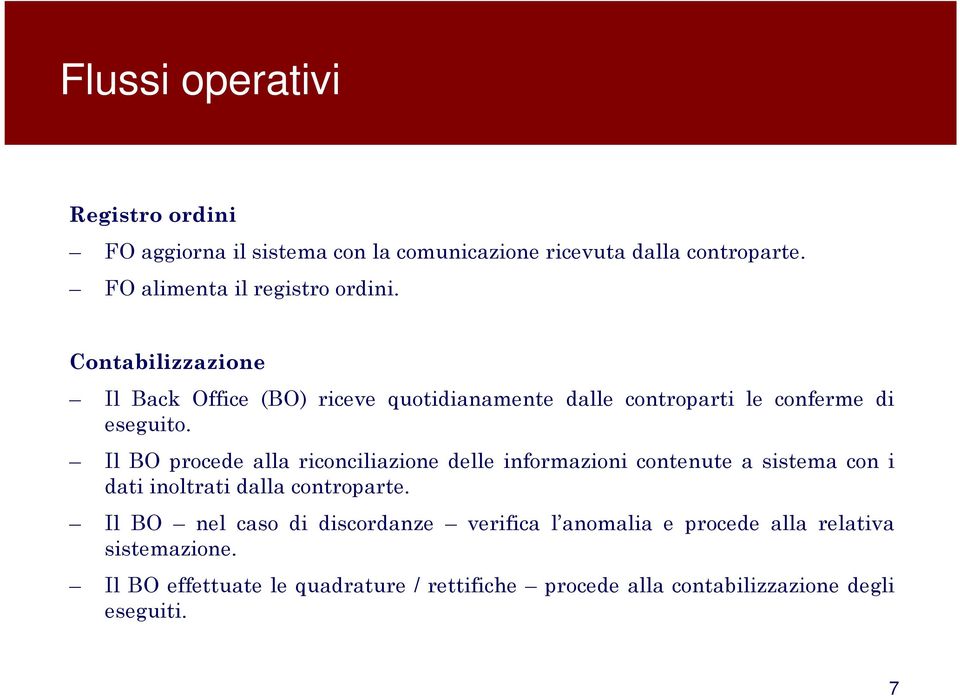 Contabilizzazione Il Back Office (BO) riceve quotidianamente dalle controparti le conferme di eseguito.