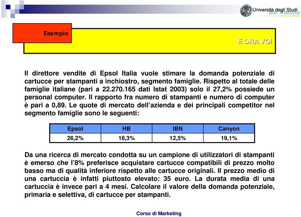 Le quote di mercato dell azienda e dei principali competitor nel segmento famiglie sono le seguenti: Epsol HB IBN Canyon 26,2% 18,3% 12,5% 19,1% Da una ricerca di mercato condotta su un campione di