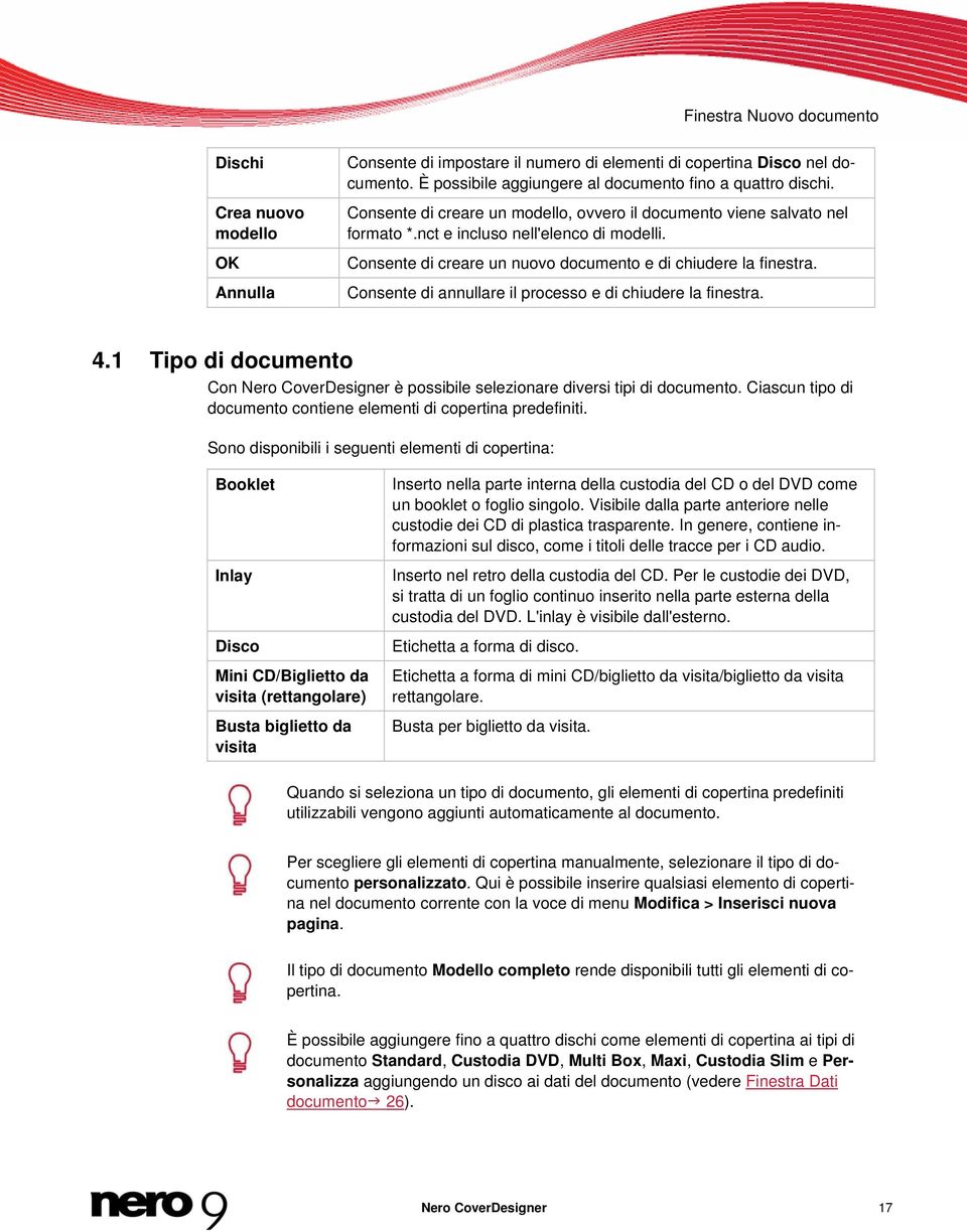 Consente di annullare il processo e di chiudere la finestra. 4.1 Tipo di documento Con Nero CoverDesigner è possibile selezionare diversi tipi di documento.