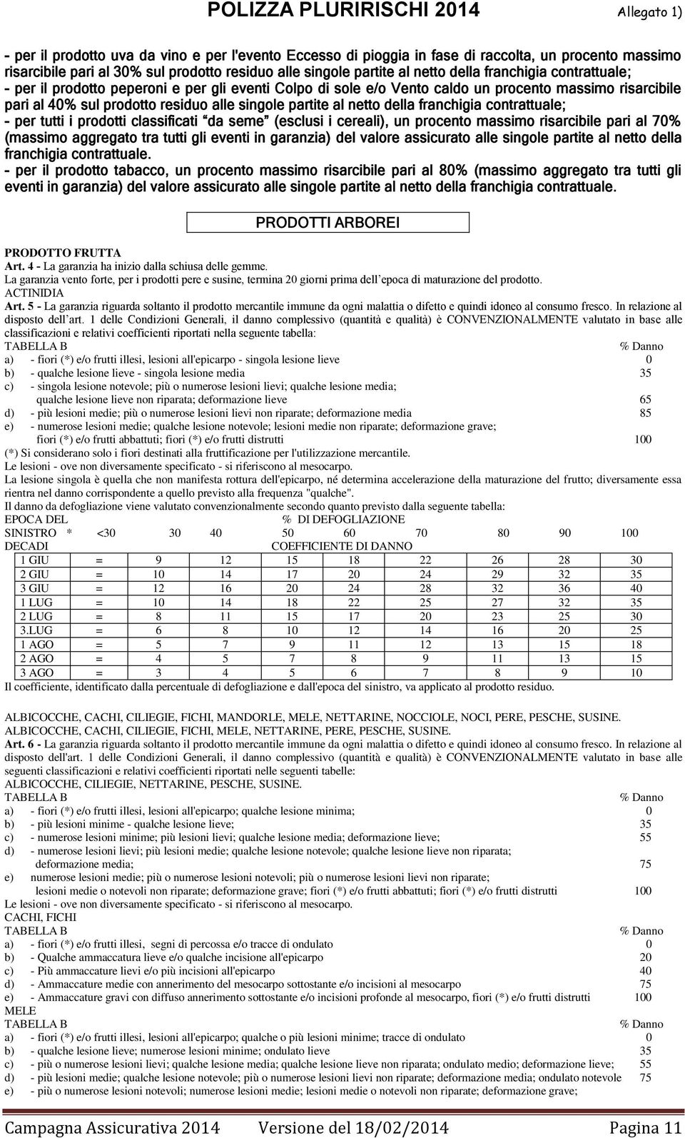 contrattuale; - per tutti i prodotti classificati da seme (esclusi i cereali), un procento massimo risarcibile pari al 70% (massimo aggregato tra tutti gli eventi in garanzia) del valore assicurato