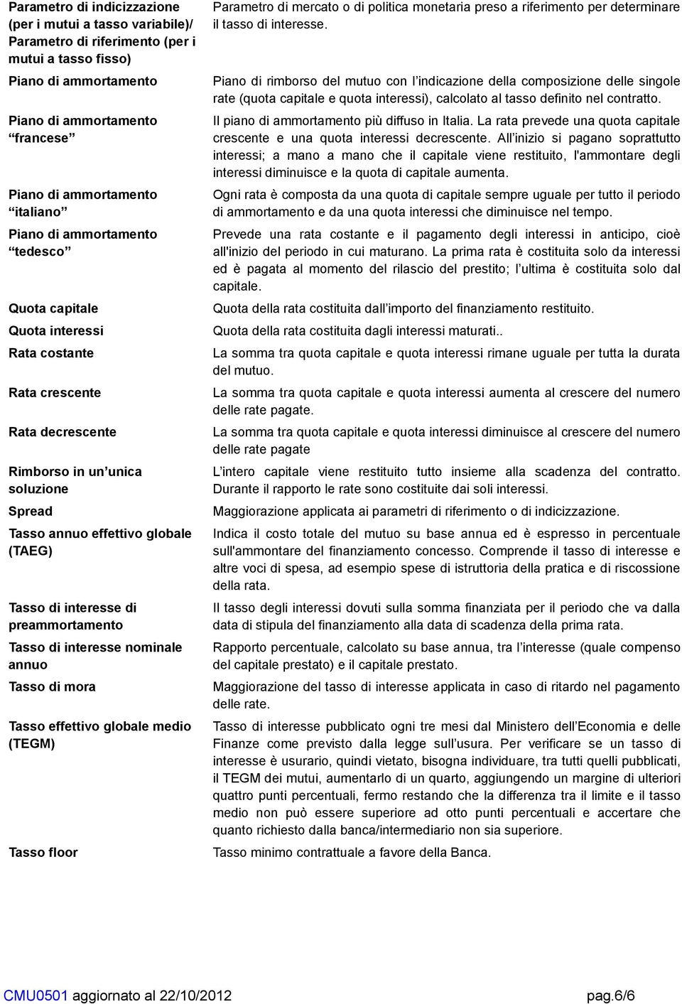 globale medio (TEGM) Tasso floor Parametro di mercato o di politica monetaria preso a riferimento per determinare il tasso di interesse.