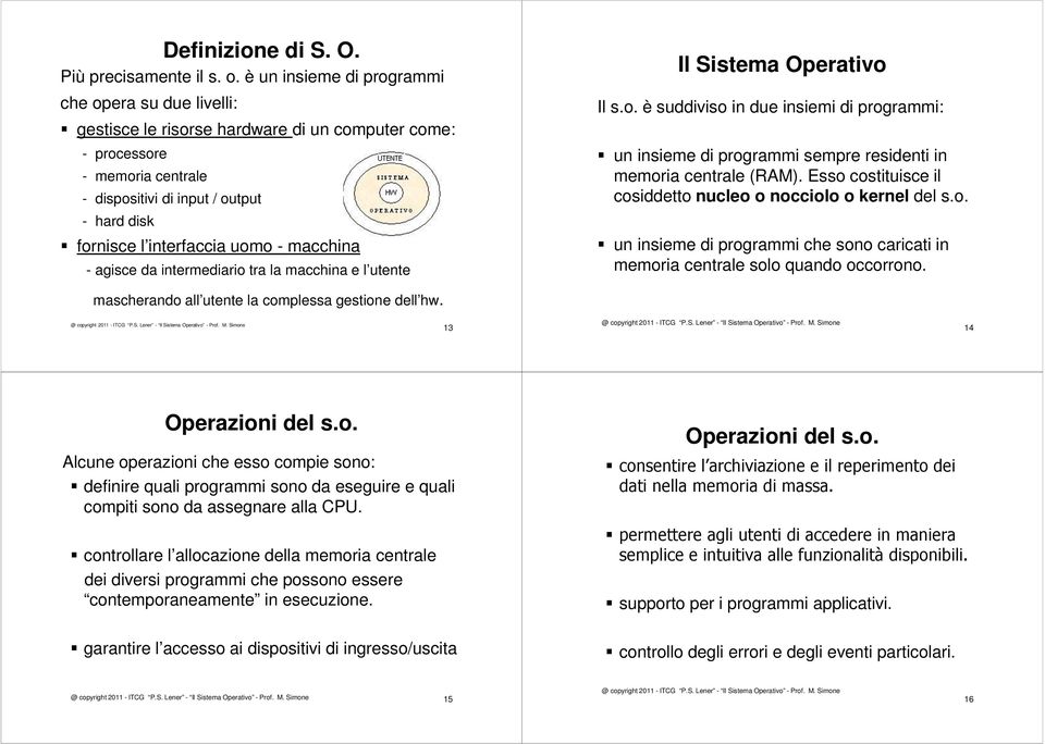 interfaccia uomo - macchina - agisce da intermediario tra la macchina e l utente Il Sistema Operativo Il s.o. è suddiviso in due insiemi di programmi: un insieme di programmi sempre residenti in memoria centrale (RAM).