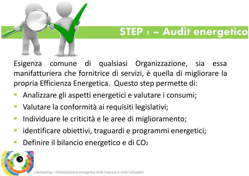 Questo step permette di: Analizzare gli aspetti energetici e valutare i consumi; Valutare la conformità ai