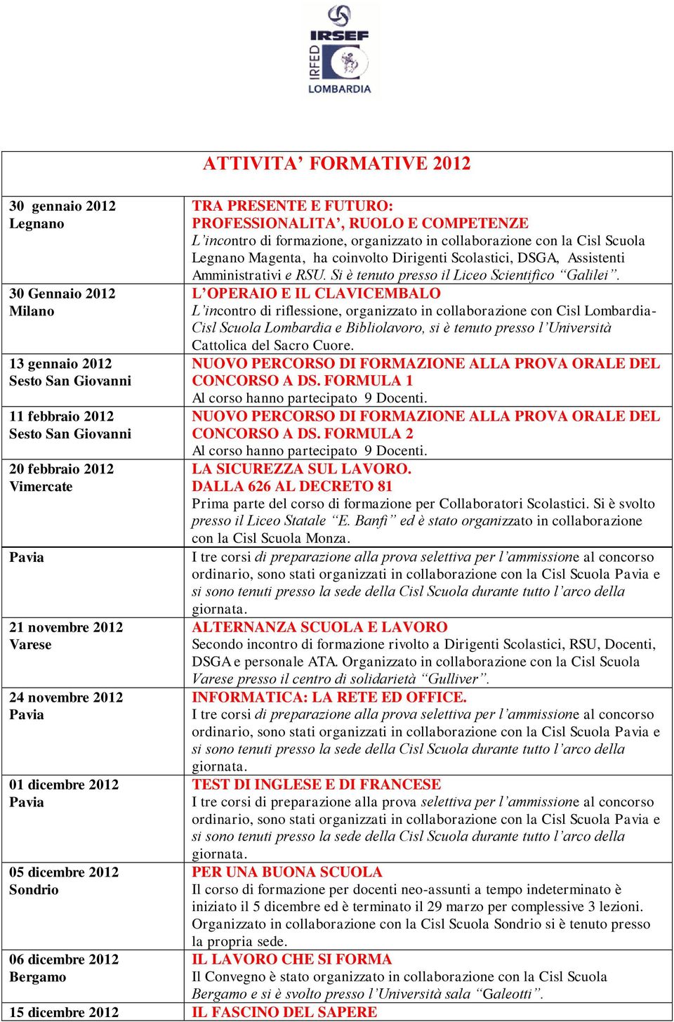 della Cisl Scuola durante tutto l arco della giornata. ALTERNANZA SCUOLA E LAVORO Secondo incontro di formazione rivolto a Dirigenti Scolastici, RSU, Docenti, DSGA e personale ATA.