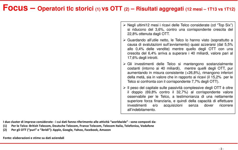 Guardando all utile netto, le Telco lo hanno visto (soprattutto a causa di svalutazioni sull avviamento) quasi azzerarsi (dal 5,5% allo 0,4% delle vendite) mentre quello degli OTT con una crescita