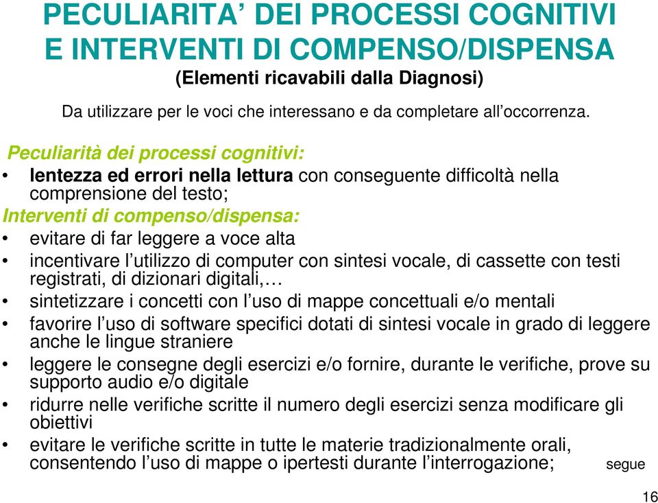 incentivare l utilizzo di computer con sintesi vocale, di cassette con testi registrati, di dizionari digitali, sintetizzare i concetti con l uso di mappe concettuali e/o mentali favorire l uso di