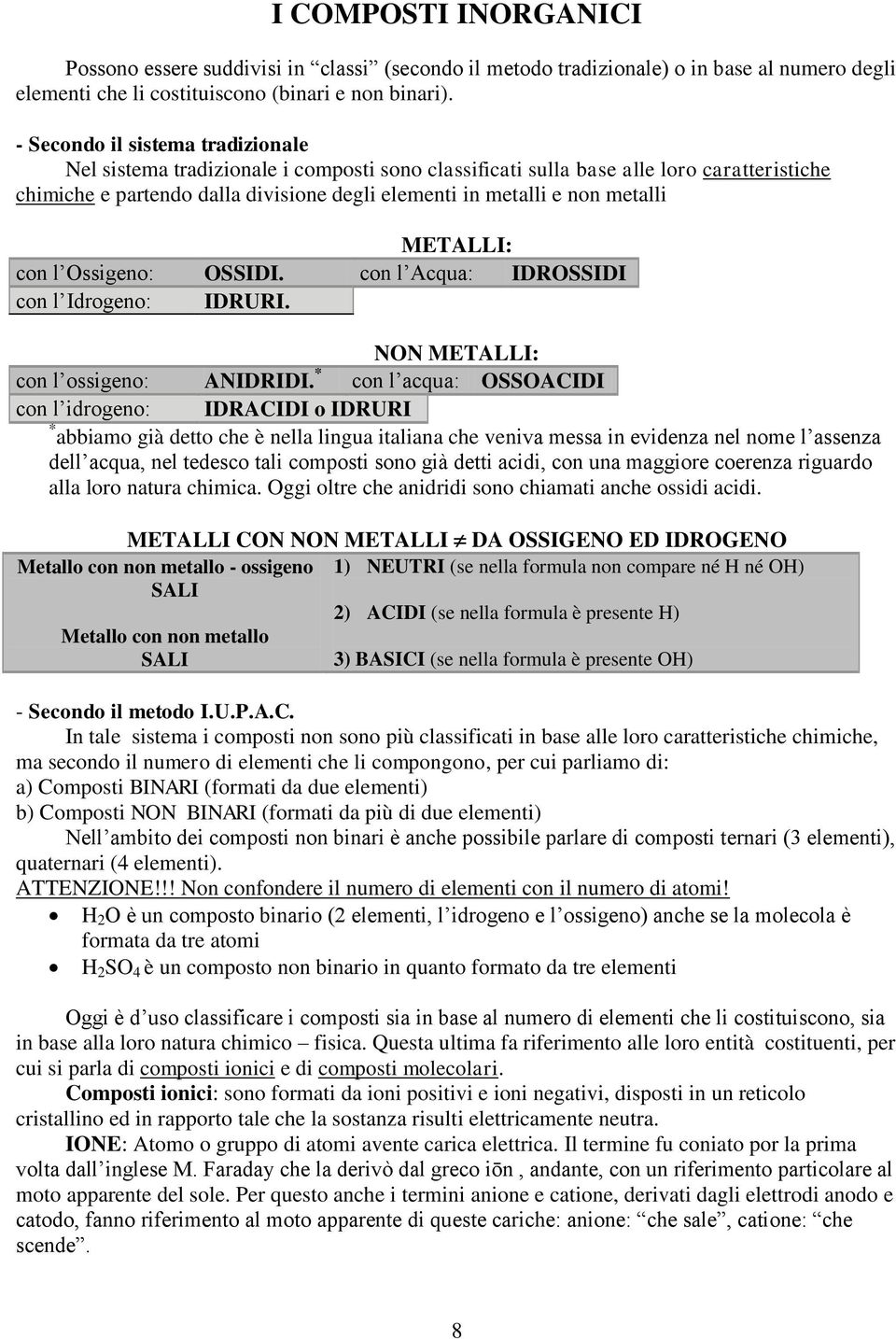 metalli METALLI: con l Ossigeno: OSSIDI. con l Acqua: IDROSSIDI con l Idrogeno: IDRURI. NON METALLI: con l ossigeno: ANIDRIDI.