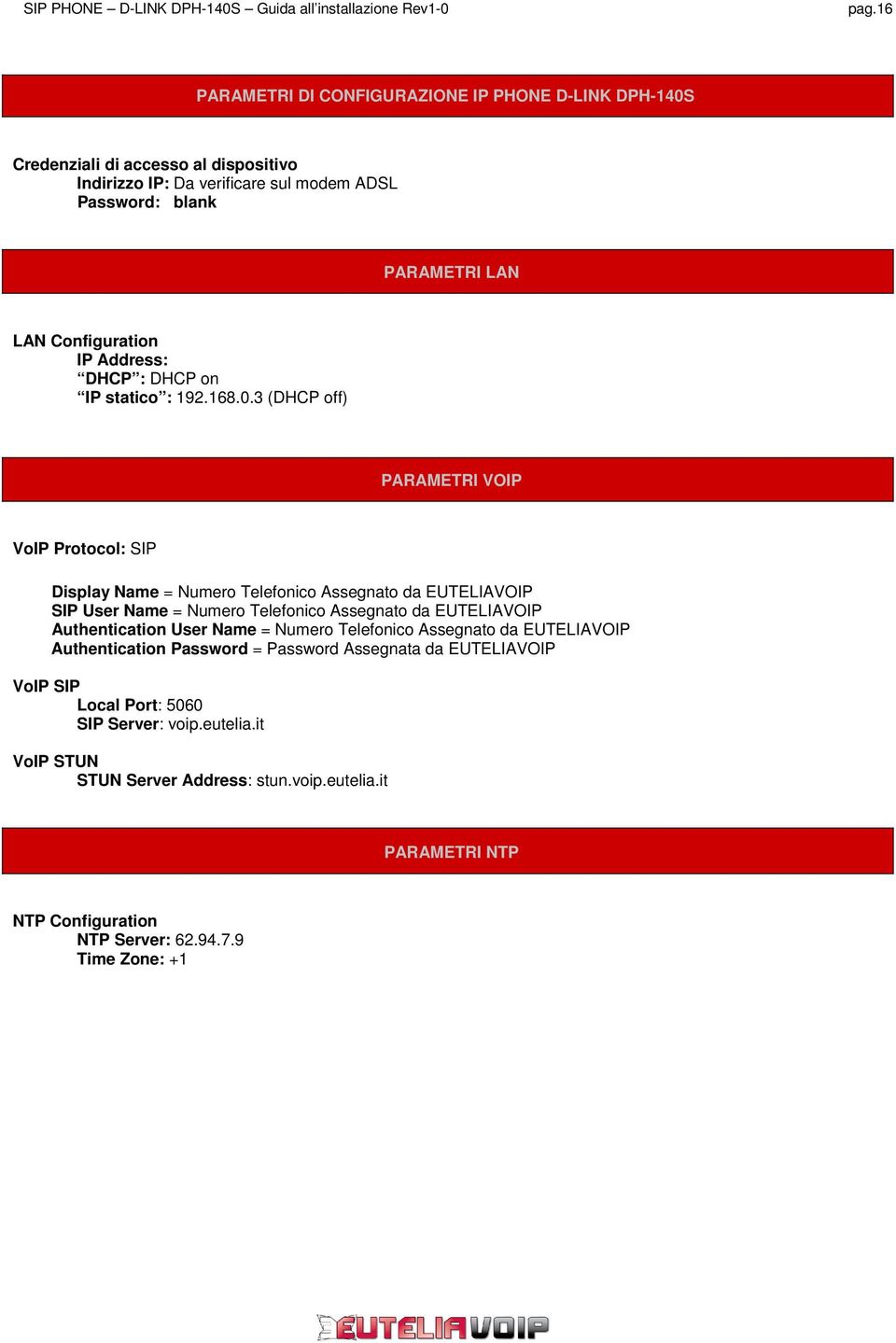 3 (DHCP off) PARAMETRI VOIP VoIP Protocol: SIP Display Name = Numero Telefonico Assegnato da EUTELIAVOIP SIP User Name = Numero Telefonico Assegnato da EUTELIAVOIP