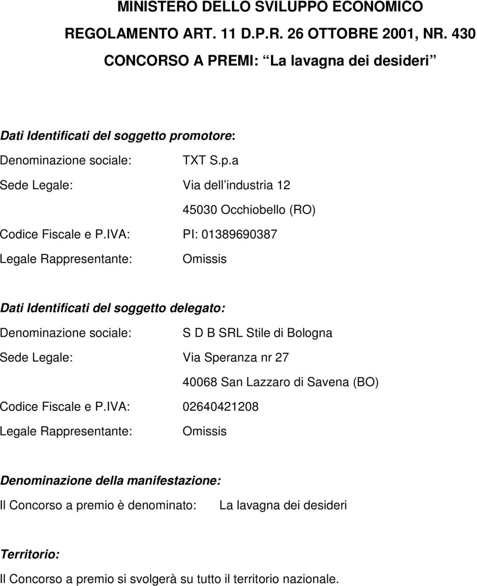 IVA: PI: 01389690387 Legale Rappresentante: Omissis Dati Identificati del soggetto delegato: Denominazione sociale: S D B SRL Stile di Bologna Sede Legale: Via Speranza nr 27 Codice