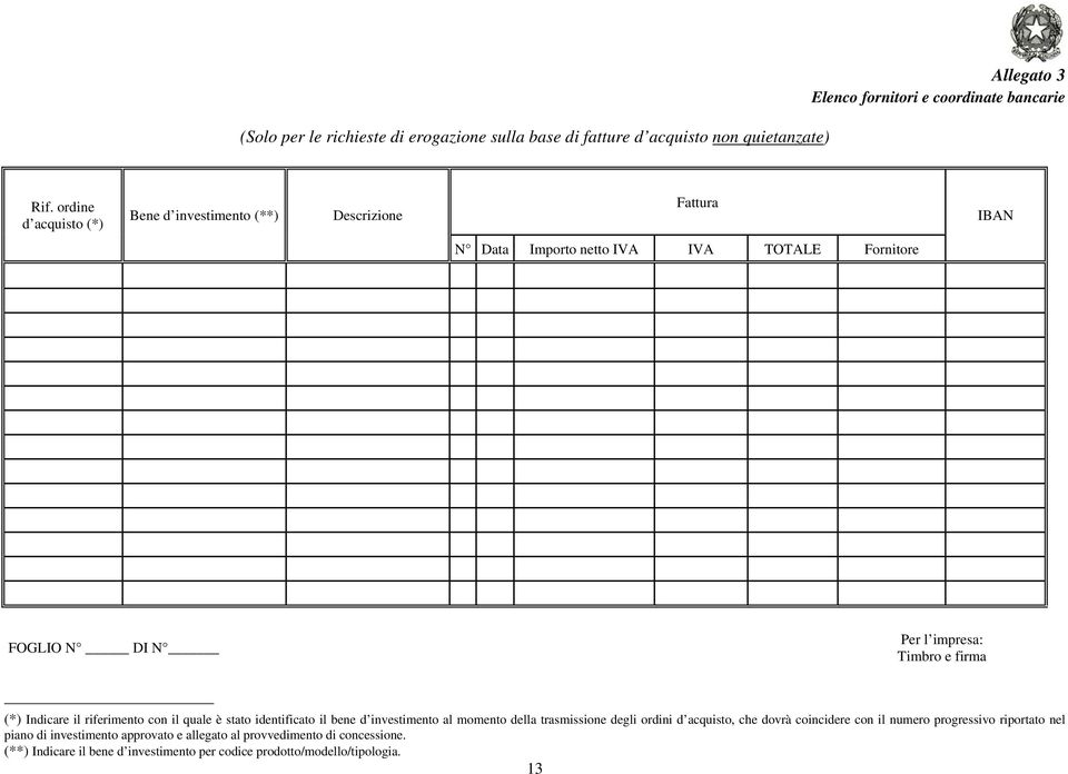 (*) Indicare il riferimento con il quale è stato identificato il bene d investimento al momento della trasmissione degli ordini d acquisto, che dovrà coincidere con