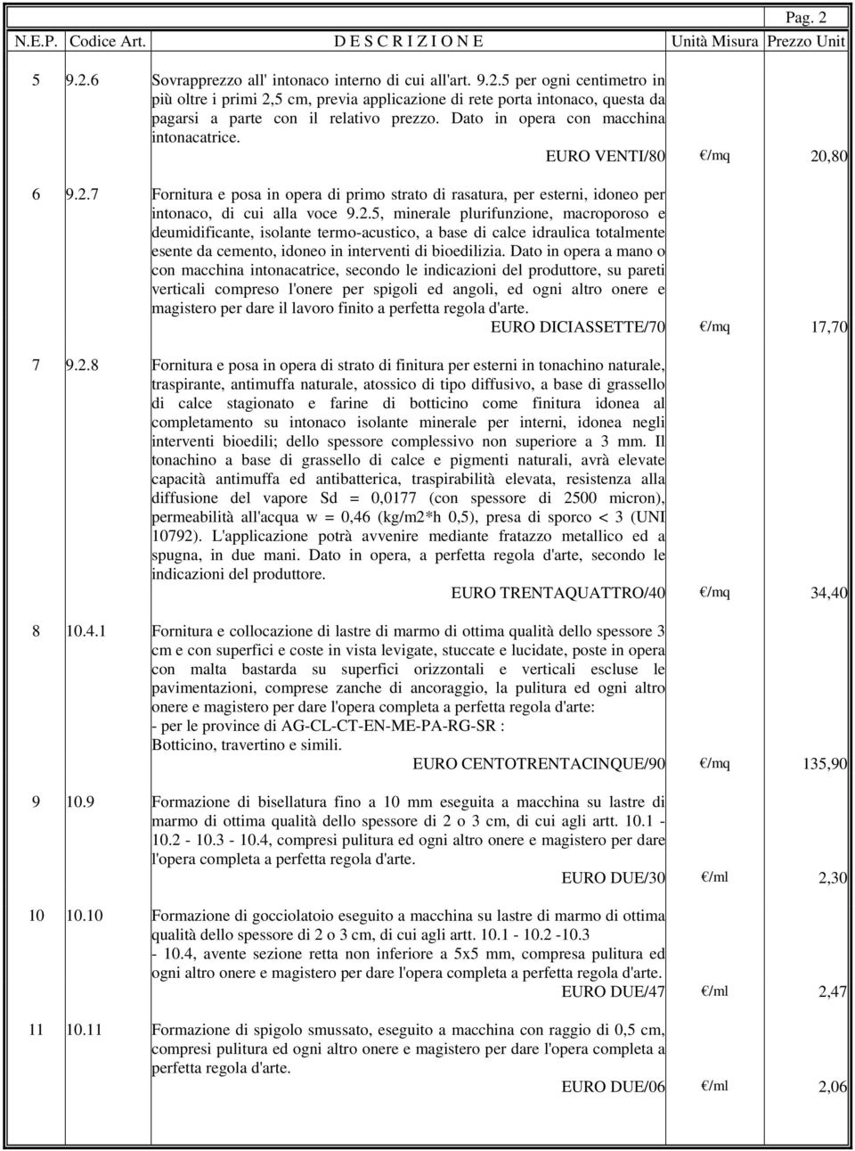 ,80 6 9.2.7 Fornitura e posa in opera di primo strato di rasatura, per esterni, idoneo per intonaco, di cui alla voce 9.2.5, minerale plurifunzione, macroporoso e deumidificante, isolante termo-acustico, a base di calce idraulica totalmente esente da cemento, idoneo in interventi di bioedilizia.