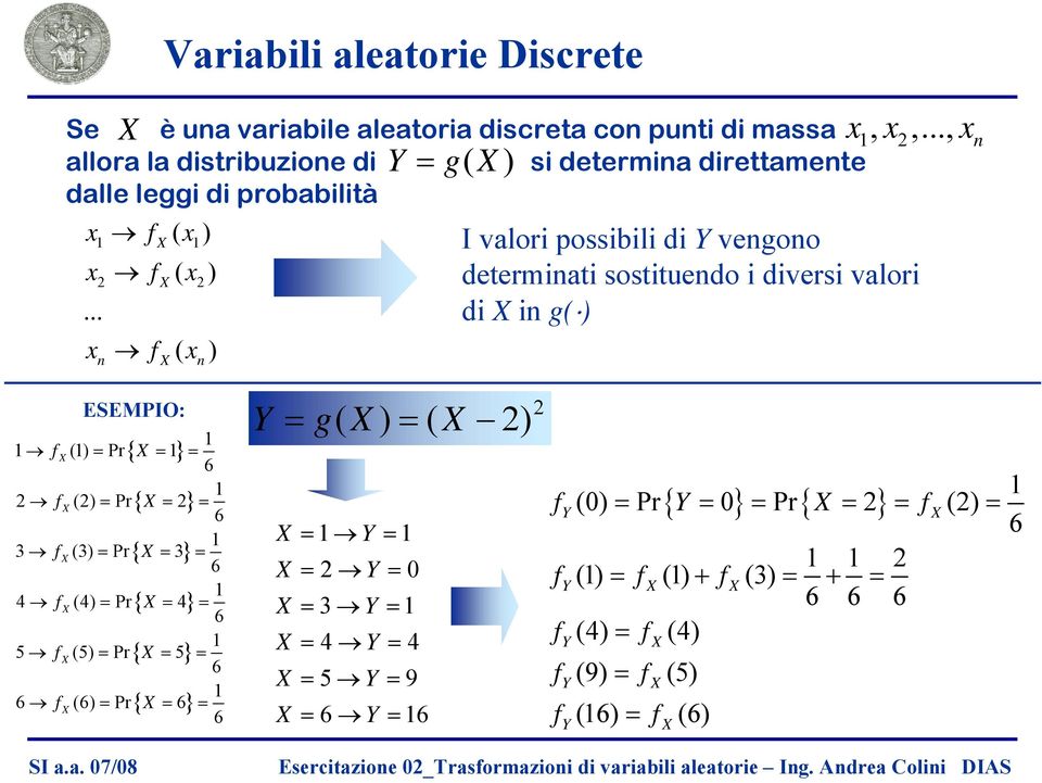 .., xn I valori possiili di vengono determinati sostituendo i diversi valori di in g( ) ESEMPIO: () Pr{ } 2 (2)