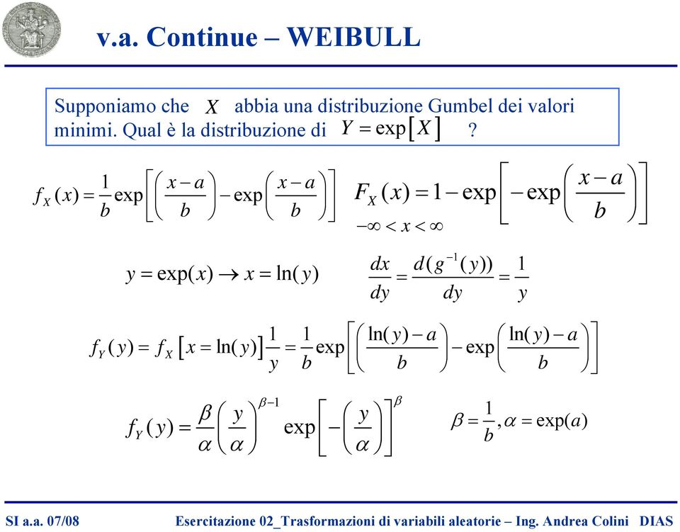 x a x a ( x) exp exp y exp( x) x ln( y) F x a ( x) exp exp < x < dx d(