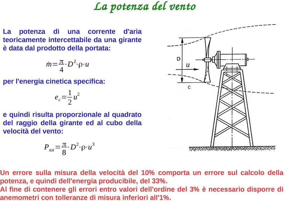 vento: P tot = π D ρ u 3 8 Un errore sulla misura della velocità del 10% comporta un errore sul calcolo della potenza, e quindi dell'energia