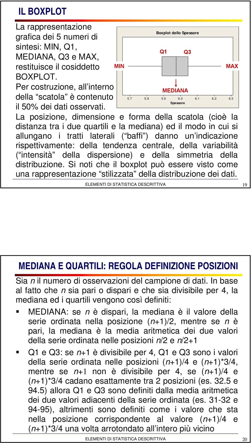 0 La posizione, dimensione e forma della scatola (cioè la distanza tra i due quartili e la mediana) ed il modo in cui si allungano i tratti laterali ( baffi ) danno un indicazione rispettivamente: