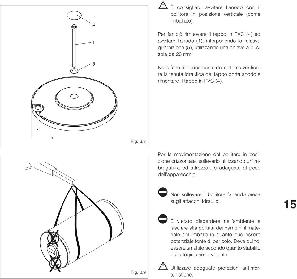 Nella fase di caricamento del sistema verificare la tenuta idraulica del tappo porta anodo e rimontare il tappo in PVC (4). Fig.