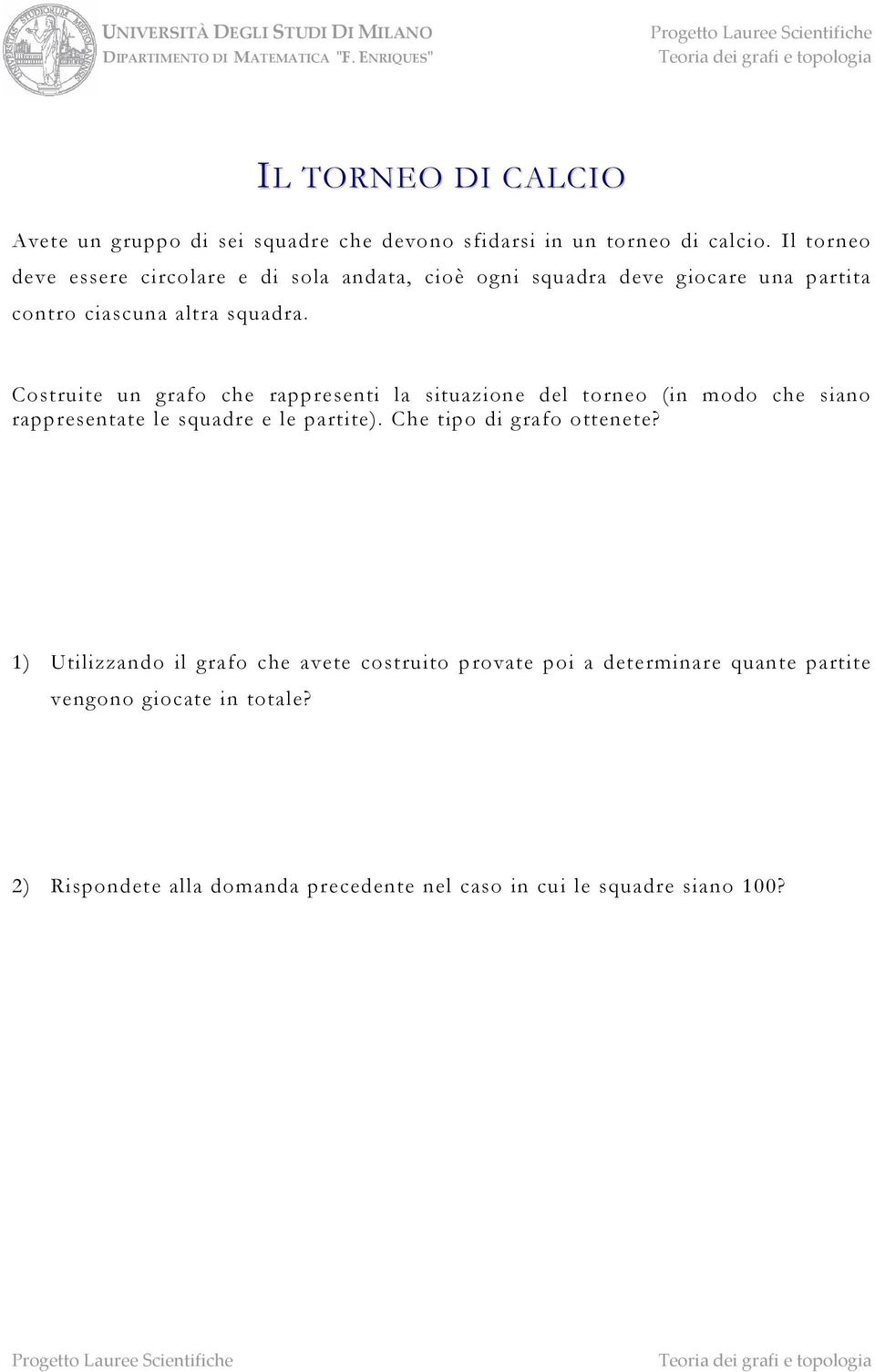 Costruite un grafo che rappresenti la situazione del torneo (in modo che siano rappresentate le squadre e le partite).