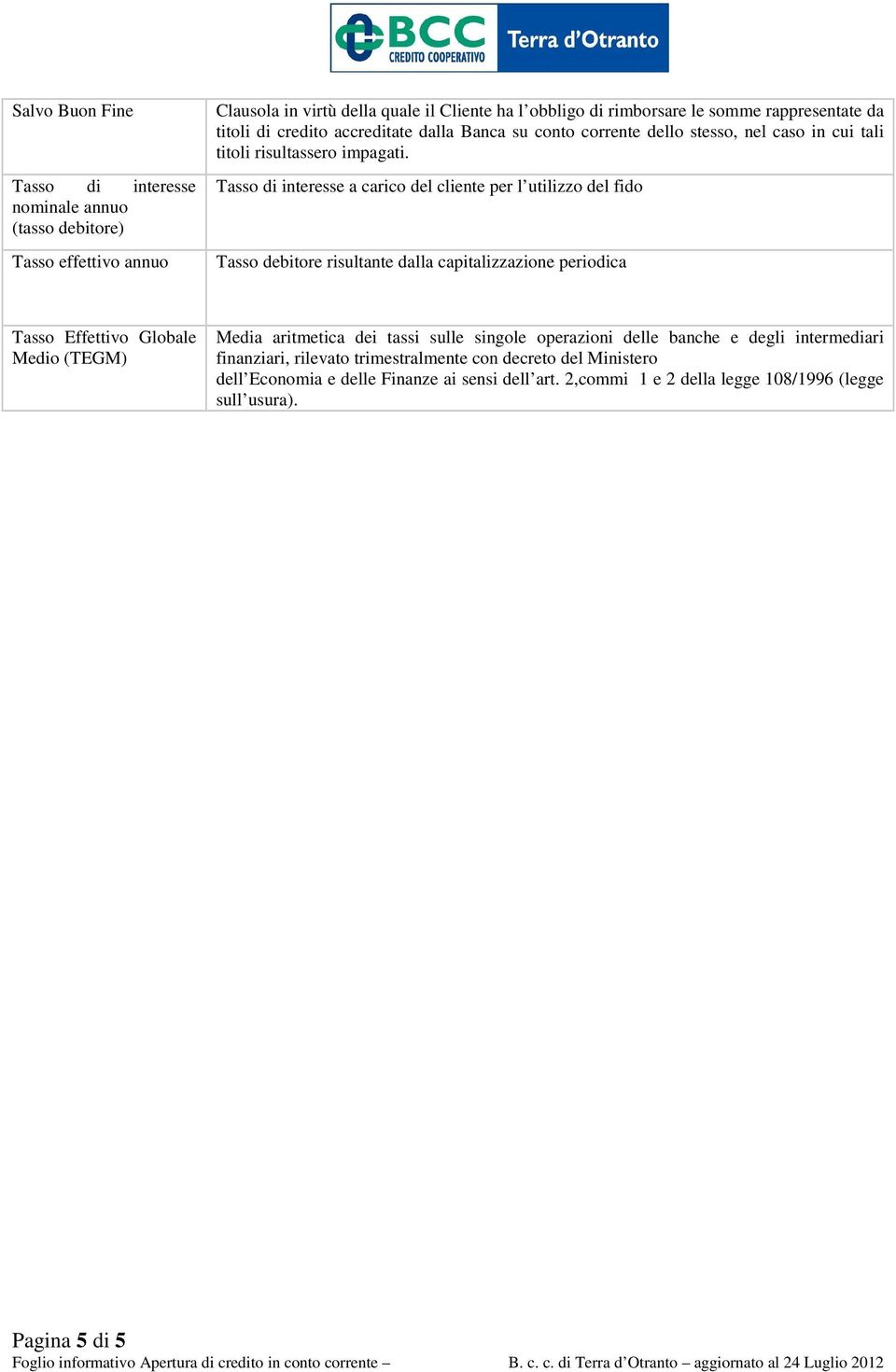 Tasso di interesse a carico del cliente per l utilizzo del fido Tasso debitore risultante dalla capitalizzazione periodica Tasso Effettivo Globale Medio (TEGM) Media aritmetica dei