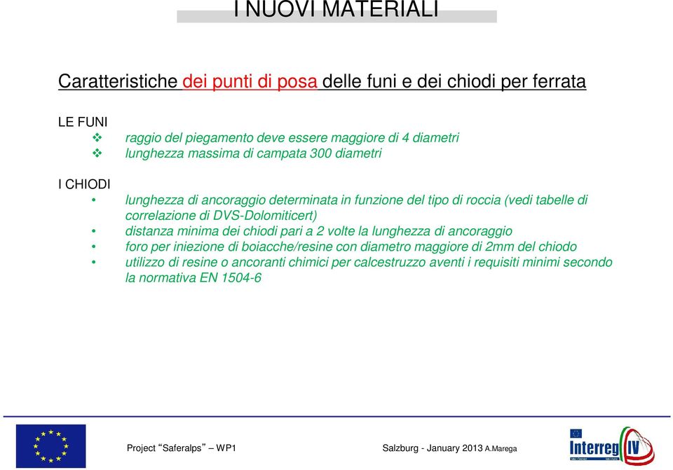 correlazione di DVS-Dolomiticert) distanza minima dei chiodi pari a 2 volte la lunghezza di ancoraggio foro per iniezione di boiacche/resine con