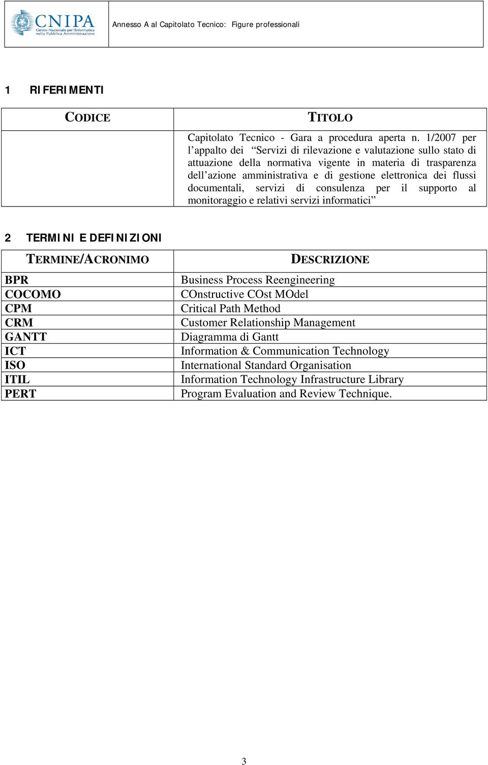dei flussi documentali, servizi di consulenza per il supporto al monitoraggio e relativi servizi informatici 2 TERMINI E DEFINIZIONI TERMINE/ACRONIMO BPR COCOMO CPM CRM GANTT ICT ISO ITIL
