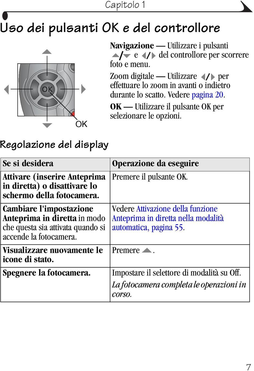 Se si desidera Operazione da eseguire Attivare (inserire Anteprima Premere il pulsante OK. in diretta) o disattivare lo schermo della fotocamera.