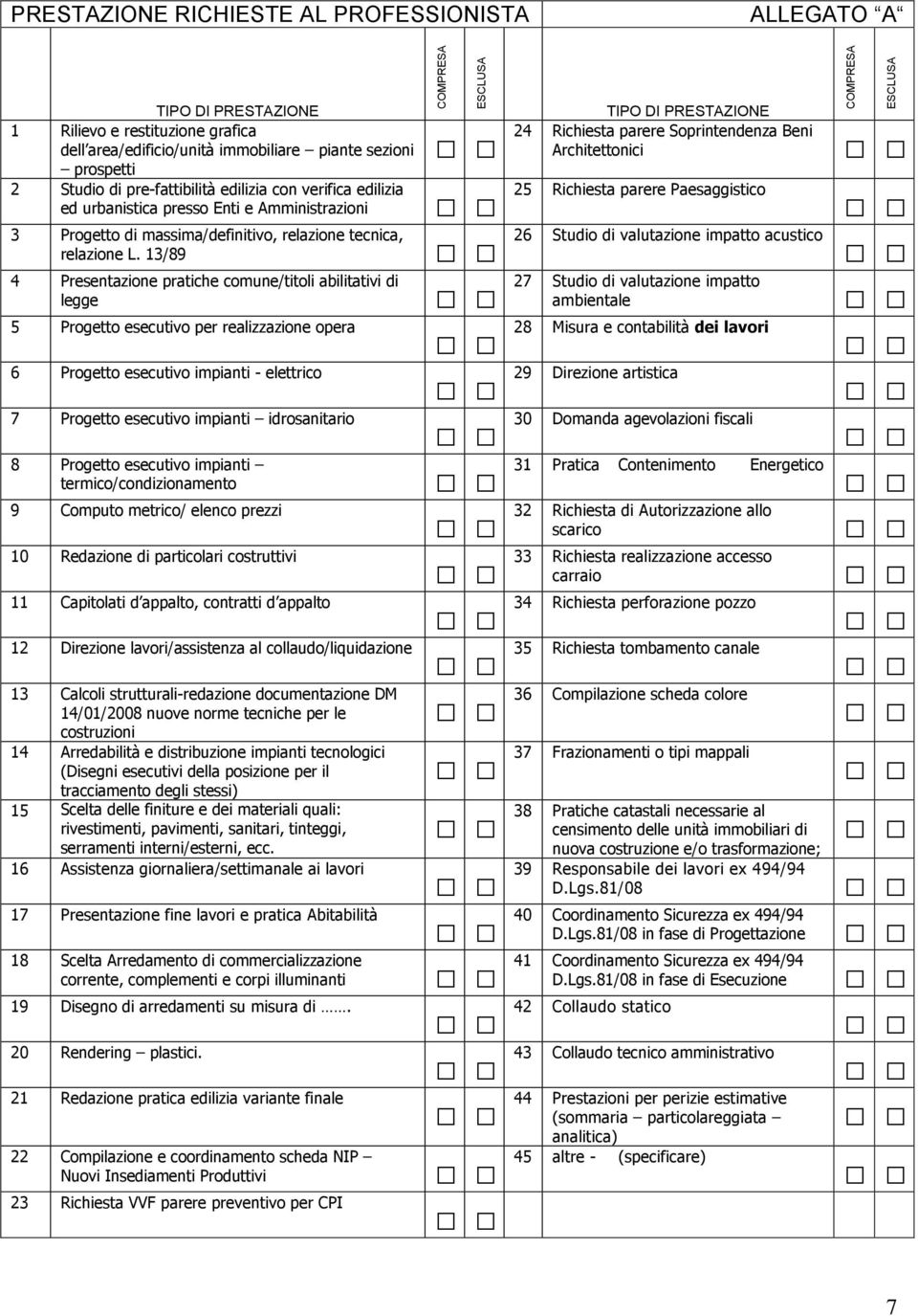 13/89 4 Presentazione pratiche comune/titoli abilitativi di legge 5 Progetto esecutivo per realizzazione opera 6 Progetto esecutivo impianti - elettrico 7 Progetto esecutivo impianti idrosanitario 8