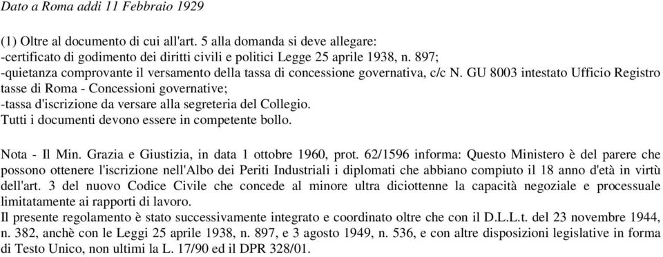 GU 8003 intestato Ufficio Registro tasse di Roma - Concessioni governative; -tassa d'iscrizione da versare alla segreteria del Collegio. Tutti i documenti devono essere in competente bollo.