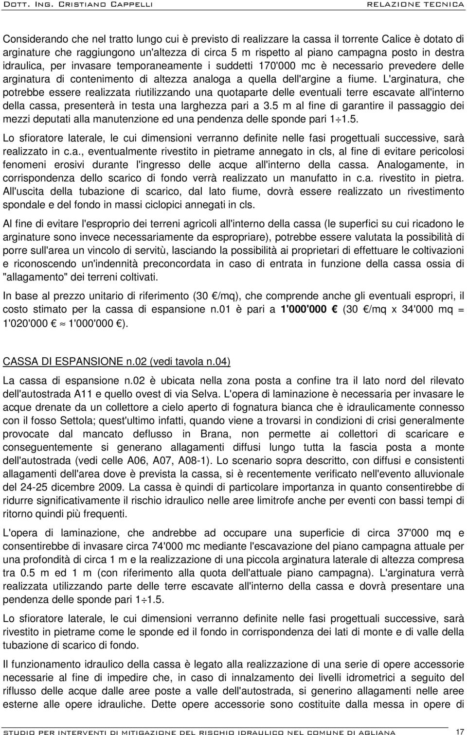 L'arginatura, che potrebbe essere realizzata riutilizzando una quotaparte delle eventuali terre escavate all'interno della cassa, presenterà in testa una larghezza pari a 3.