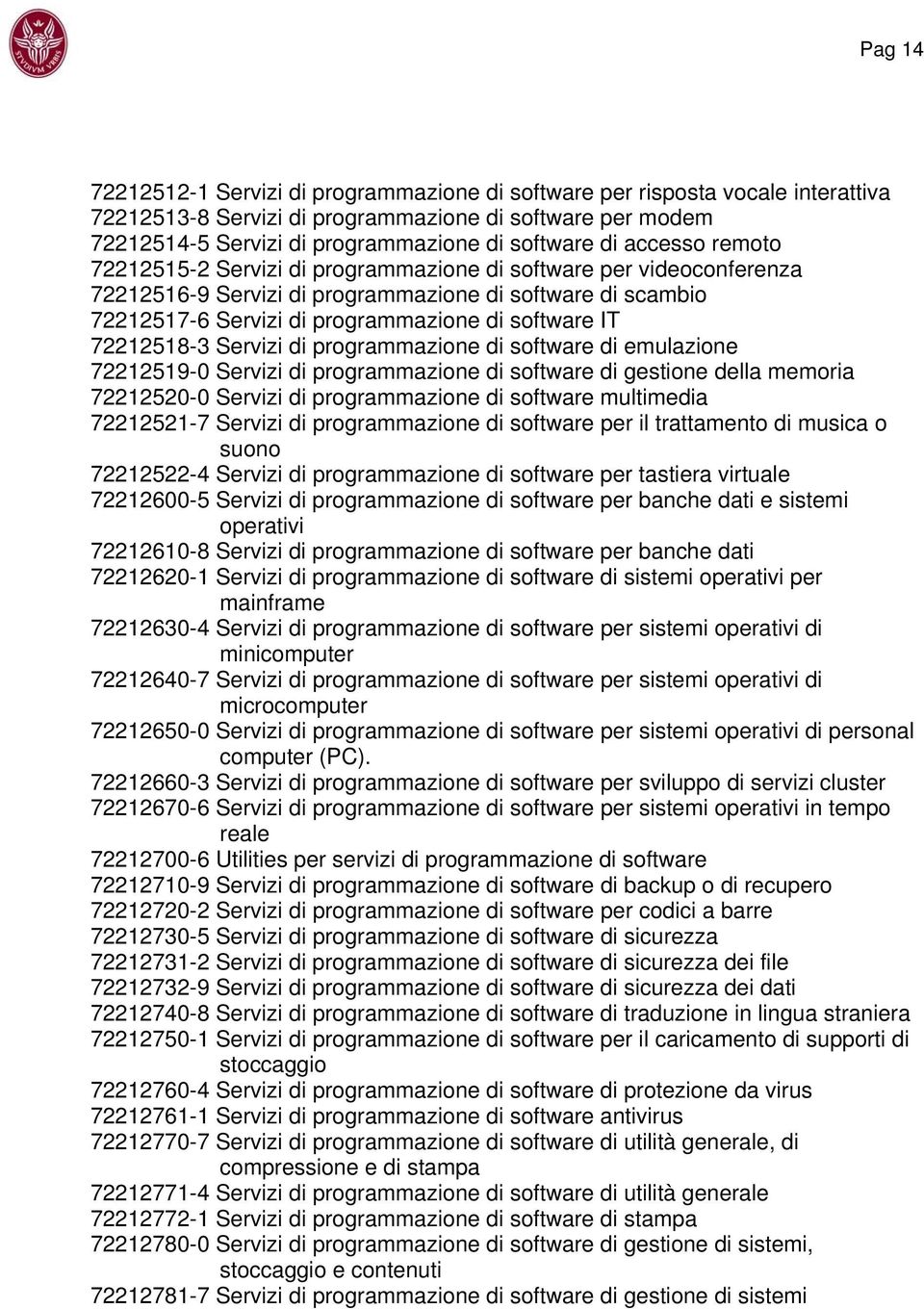 72212518-3 Servizi di programmazione di software di emulazione 72212519-0 Servizi di programmazione di software di gestione della memoria 72212520-0 Servizi di programmazione di software multimedia