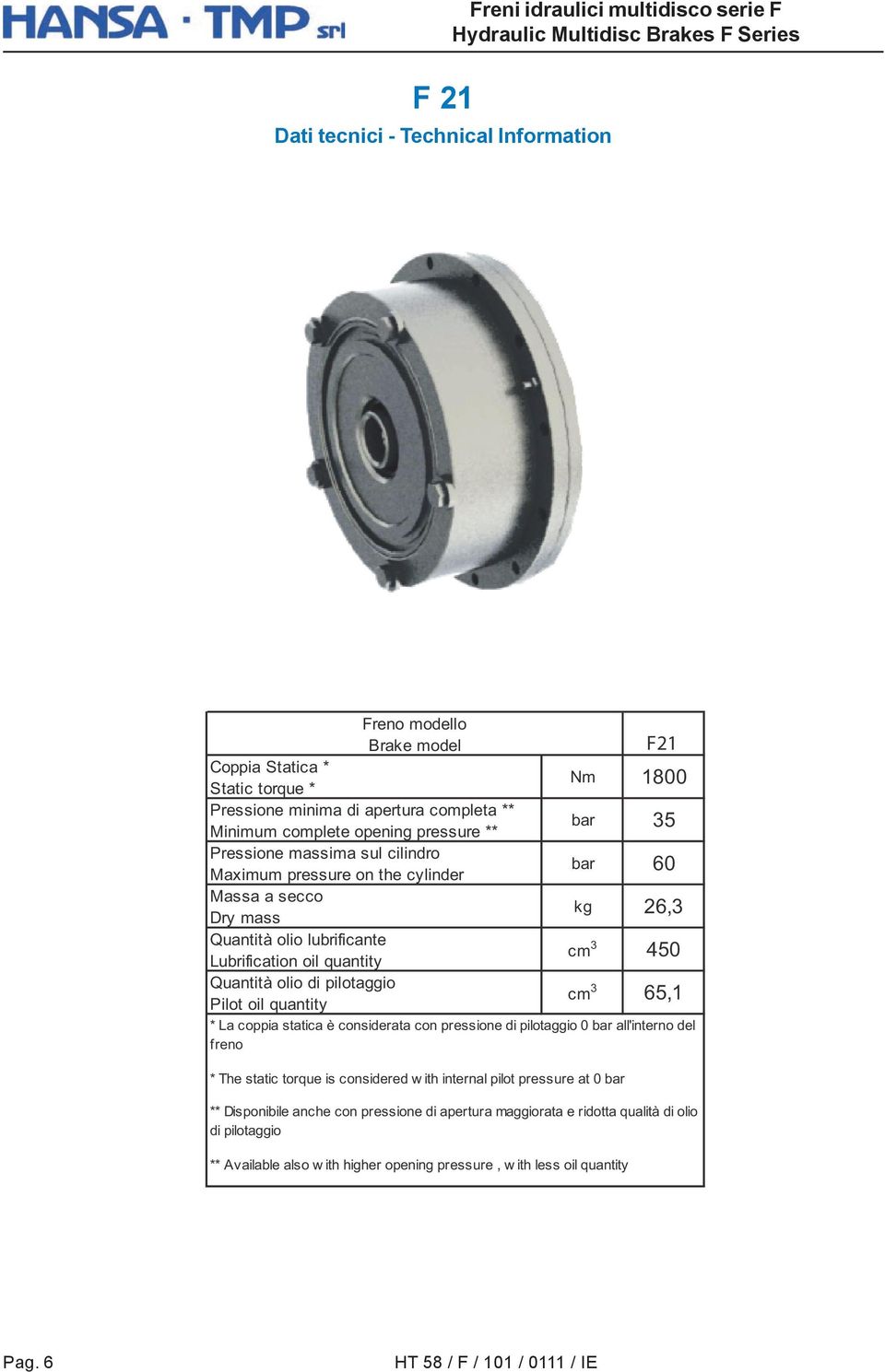 Pilot oil quantity cm 3 65,1 * La coppia statica è considerata con pressione di pilotaggio 0 bar all'interno del freno * The static torque is considered w ith internal pilot pressure at 0 bar **