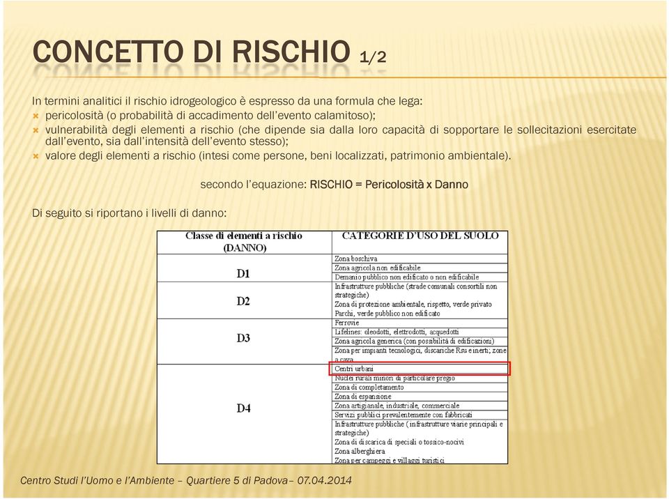 sollecitazioni esercitate dall evento, sia dall intensità dell evento stesso); valore degli elementi a rischio (intesi come persone,