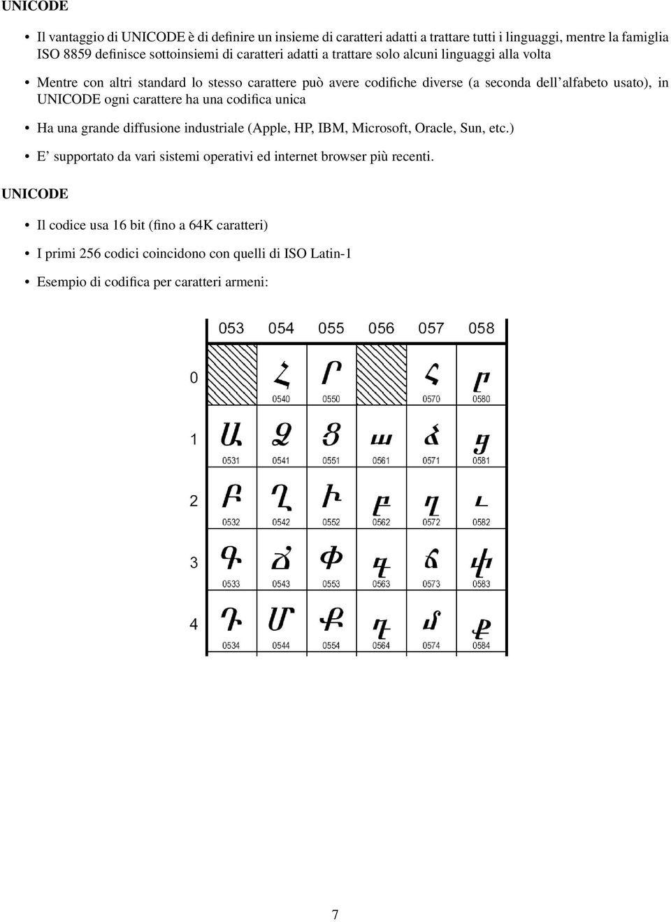 ogni carattere ha una codifica unica Ha una grande diffusione industriale (Apple, HP, IBM, Microsoft, Oracle, Sun, etc.